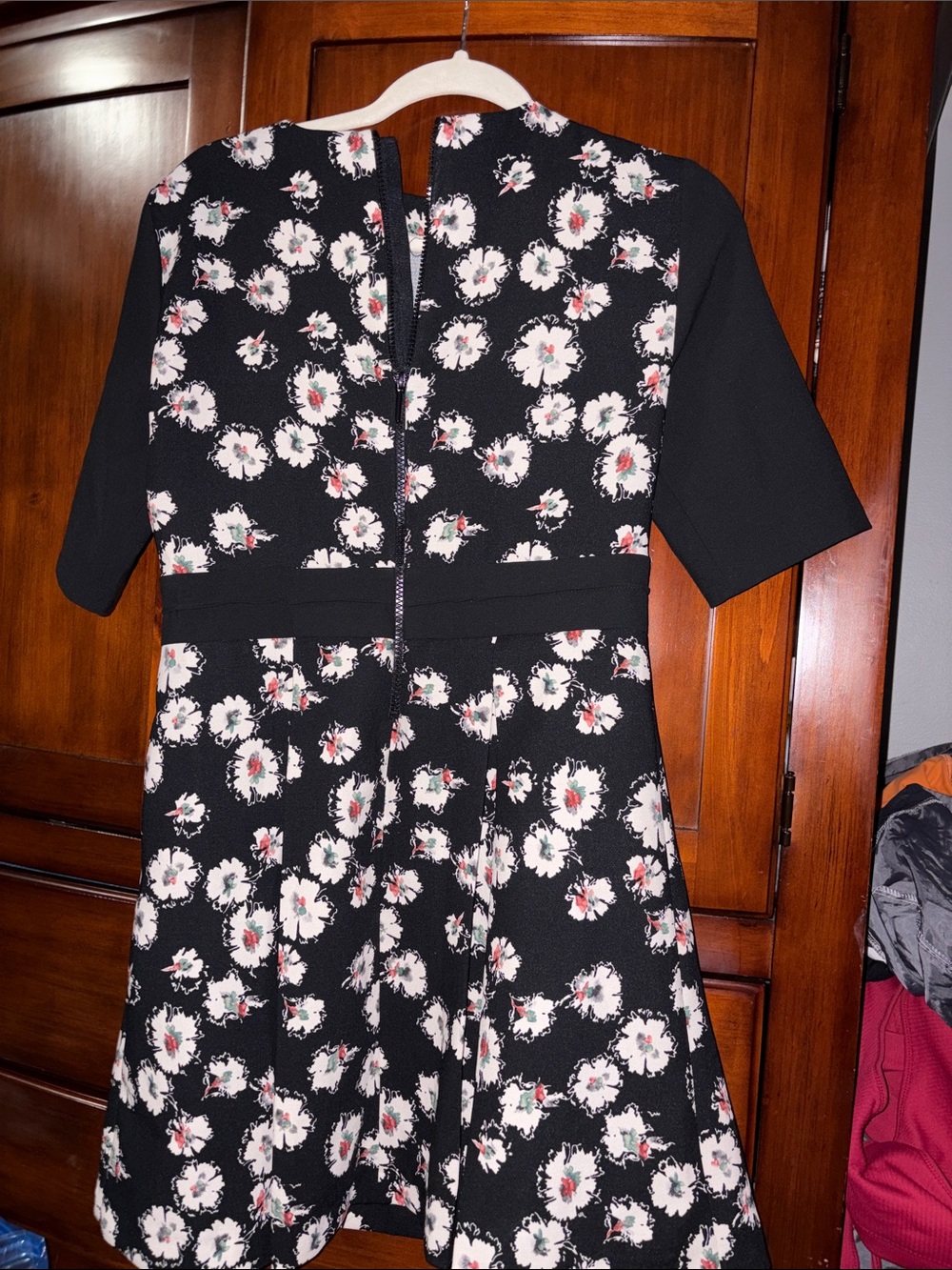 Zara Woman Black Floral Long-Sleeve Dress with White and Red Accents